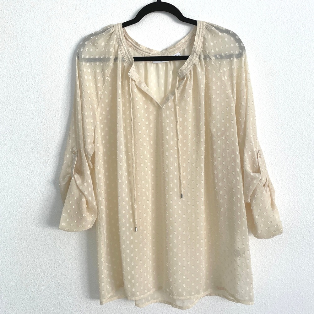 Liz Claiborne Womens XL Cream Swiss Dot Roll Tab Sleeve Tie Neck Peasant Blouse